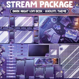 Animiertes Twitch Stream Paket Overlay: Galaxy Dunkel Lila Lo-fi Studie Schreibtisch Nacht, Gemütliche Ästhetische Themen, Niedlich Haustier Pink Axolotl Szene Alarm