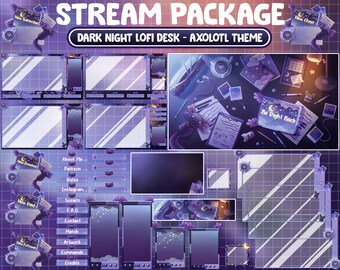 Animated Stream Package: Dreamy Galaxy Study-Desk Twitch Overlay, Dark Purple Witchy Axolotl Plush Toy, Starry Night, Notes, Planner, Coffee