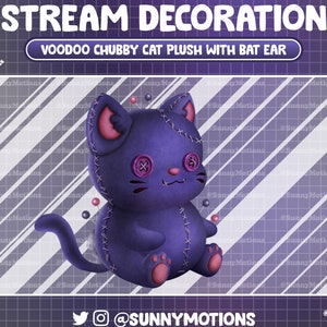 May include: A purple plush cat with a stitched-on face, pink ears, and a bat ear. The cat has a button nose and pink paw pads. The cat is sitting on a purple and white striped background. The text "VOODOO CHUBBY CAT PLUSH WITH BAT EAR" is above the cat.