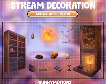 Animated Stream Decoration / Celestial Witchy House / Skull, Heater / Magic Fire Ball / Candle / Bottle / Kitty Cat / Kawaii Twitch Overlay