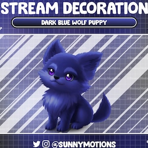 May include: A dark blue wolf puppy with purple eyes sits on a white and gray grid background. The text "STREAM DECORATION" and "DARK BLUE WOLF PUPPY" is above the puppy. The text "@SUNNYMOTIONS" is below the puppy.