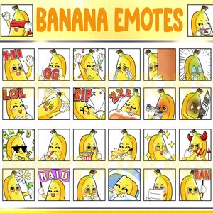 36x Cute Chibi Kawaii Banana Twitch Discord Mixer Youtube Emotes / Fruit Emoji / Subscriber Badges / Orange Yellow Loyalty Sub Bit Badges