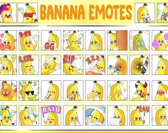 36x lindo Chibi Kawaii Banana Twitch Discord Mixer Youtube Emotes / Fruit Emoji / Insignias de suscriptor / Insignias de sub bits de lealtad amarillo naranja