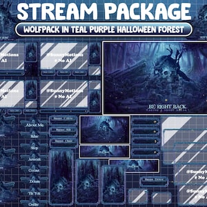 ANIMATED Twitch Overlay Stream Package: Wolfpack Protect King Of Skull In Teal Purple Halloween Forest Night, Groundwater Alert Panel, Scene