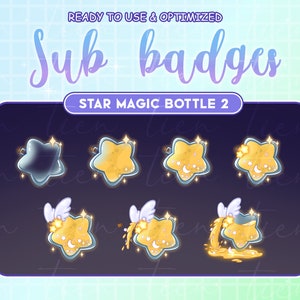7x Yellow Angle Star Magic Star Bottle / Galaxy Liquid Twitch Sub Bit Badges / Kawaii Star Overlay / Celestial Waterfall Badges For Streamer
