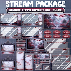 Peut inclure: Un ensemble de superpositions de flux Twitch mettant en scène une scène de temple japonais avec des feuilles d'érable rouges et un fond de montagne brumeux. Les superpositions comprennent une carte de titre, des panneaux pour les récents abonnés, le chat et les liens vers les médias sociaux. Le texte "@SunnyMotions #No AI" apparaît sur plusieurs des superpositions.