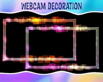 May include: Webcam decoration with three glowing neon frames on a black background. The frames are made of squares of light in shades of orange, pink, and green.