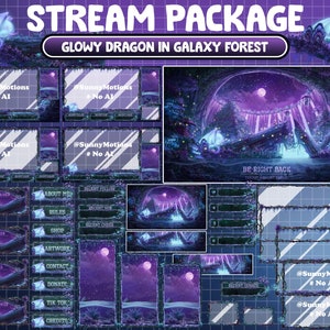 GEANIMEERD streampakket: dromerige gloed draak in paarsblauw sterrenstelsel mystiek bos Twitch-overlay, waarschuwingspaneel God&#39;s Eyes Sky Fairy-waterval