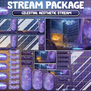 Animated Twitch Stream Package Overlay / Celestial Room / Astrology Sky Theme / Witchy Aesthetic Zodiac / Telescope, Stars, Moon Alert Panel