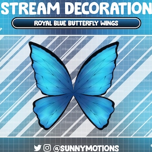 May include: Royal blue butterfly wings with a gradient of colour from dark blue to light blue. The wings are on a blue and white grid background. The text "ROYAL BLUE BUTTERFLY WINGS" is at the top of the image.
