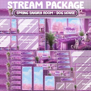 Op de afbeelding: Een Twitch-streampakket in paars en roze met een lente-sakurakamer- en hondenhuisontwerp. Het pakket bevat een verscheidenheid aan overlays, panelen en meldingen. De overlays hebben een paars en roze kleurenschema met een sakuraboom en een hondenhuis op de achtergrond. De panelen bevatten informatie over de streamer, zoals hun naam, sociale media-links en donatie-informatie. De meldingen worden gebruikt om kijkers te informeren over nieuwe volgers, donaties en andere gebeurtenissen.