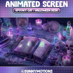 Peut inclure: Écran animé sur le thème du chat effrayant et du bureau d'Halloween. La scène comprend un chat blanc endormi, un livre de sorts ouvert, des bougies, des flacons de potion et des crânes. Le texte indique "Be Right Back" et "Take a Short Break".