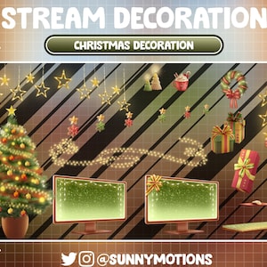 Könnte beinhalten: Digitale Illustration von Stream-Dekorationen zum Thema Weihnachten. Das Bild zeigt einen geschmückten Weihnachtsbaum, hängende Sternlichter, Geschenkboxen, einen Kranz und zwei Computermonitore mit grünen Bildschirmen. Der Text lautet "STREAM DECORATION" und "CHRISTMAS DECORATION".