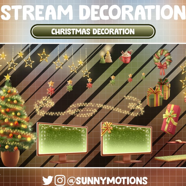 Animated Christmas Stream Decoration Xmas Tree, Twinkle Light, Star Light String, Pine Tree Candle, Computer, Gift Box Wreath Twitch Overlay