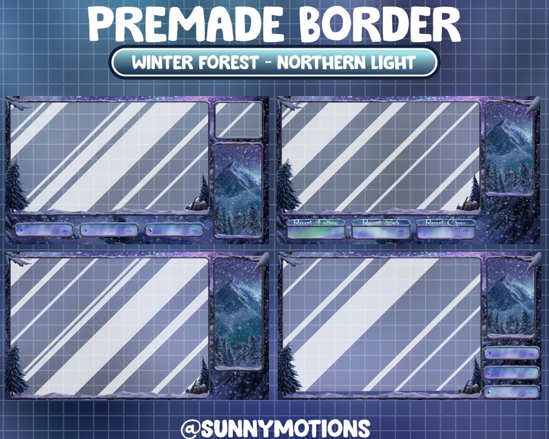 K&ouml;nnte beinhalten: Eine digitale Illustration einer Winterwaldszene mit einer schneebedeckten Bergkette und einem Nordlicht-Display. Das Bild ist mit einem blau-wei&szlig; gestreiften Rahmen versehen und enth&auml;lt den Text "Premade Border" und "Winter Forest - Northern Light".