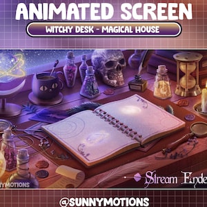 GEANIMEERDE Twitch Stream scherm / esthetisch gezellig hemels heksenbureau / magisch maanboek / theekatmok / drankje, kaarslicht, antieke klok