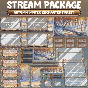 May include: A set of Twitch stream overlays featuring a snowy forest scene with autumn leaves. The overlays include a starting soon screen, a chat screen, a new follower alert, and more. The overlays are designed in a rustic style with a brown wooden frame and gold accents.