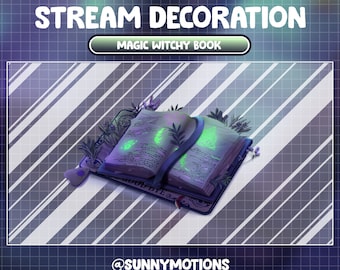 Animated Twitch Stream Decoration: Purple Green Magic Witchy Book / Aesthetic Spooky Halloween / Ghost Eyes / Rosemary Add-on Kawaii Overlay