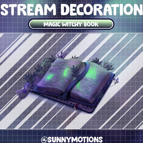 Animated Twitch Stream Decoration: Purple Green Magic Witchy Book / Aesthetic Spooky Halloween / Ghost Eyes / Rosemary Add-on Kawaii Overlay