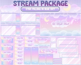 Peut inclure: Un ensemble de streaming Twitch rose pastel et bleu avec une étoile tombant dans un ciel bleu. Le pack comprend une variété de superpositions, de panneaux et d'alertes. Le texte "Be Right Back" est visible au centre de l'image.