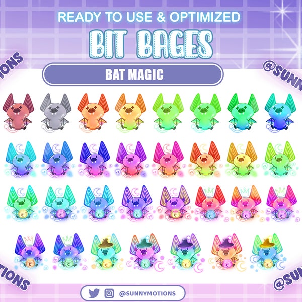 31 Colorful Neon Bats Twitch Sub Badges, Rainbow Cute Witchy Bat, Devil Potion, Moon, Kawaii Sparkles Halloween Bit Donation Streamers