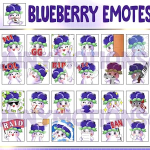 35 Cute Chibi Kawaii Blueberry Twitch Discord Mixer Youtube Emotes / Kawai Fruit Emoji / Subscriber / Blue Purple Loyalty Sub Bit Badges