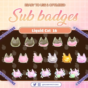 16 Silver, Gold, Diamond Liquid Pink Cat Head Bottle Twitch Sub Bit Badges, Kawaii Magic Star For Streamer, Kitty Ear, Meow Twitch Overlay