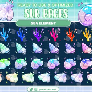 May include: A set of 24 colourful, iridescent, cartoon-style sea shell sub badges. The badges are ready to use and optimised for digital use. The badges feature a variety of colours, including green, blue, purple, pink, and yellow. The badges are perfect for adding a touch of whimsy to your digital projects.