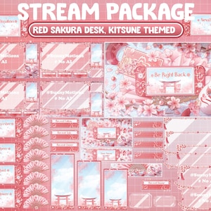 Puede incluir: Un conjunto de superposiciones de transmisión de Twitch con un tema kitsune en tonos rojos y rosados. Las superposiciones incluyen una variedad de elementos, como un escritorio rojo de cerezos en flor, una máscara de kitsune y una puerta de estilo japonés. El texto "STREAM PACKAGE" y "RED SAKURA DESK, KITSUNE THEMED" se muestra en la parte superior de la imagen.