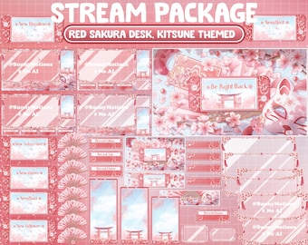 ANIMATED Stream Package: Aesthetic Lo-fi Peachy Red Spring Sakura Desk, Cherry Blossom Game Switch Console, Kitsune Japanese Fans, Game Room
