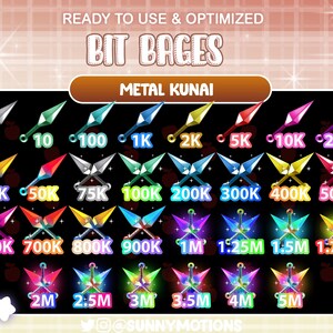 May include: A set of 20 colorful animated bit badges in the shape of throwing knives, with numbers ranging from 1 to 5 million. The badges are labeled "Metal Kunai" and are ready to use and optimized. The text "Bit Bages" is at the top of the image.