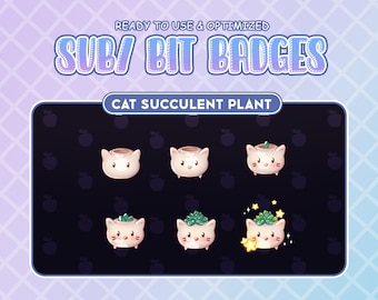 Puede incluir: Conjunto de seis insignias de chat de Twitch animadas que presentan un lindo gato de dibujos animados en una maceta con una planta suculenta. Las insignias muestran al gato en diferentes etapas de crecimiento, desde una maceta vacía hasta una planta completamente desarrollada con estrellas brillantes. El texto "SUB/BIT BADGES" y "CAT SUCCULENT PLANT" se muestra sobre las insignias.