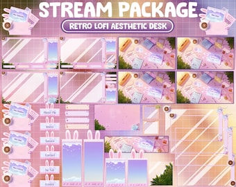 FULL Animated Twitch Stream Package Overlay / Retro Lofi Desk / Cozy Aesthetic Room / Vaporwave Screen Alerts Panel / Bullet Journal/ Easter
