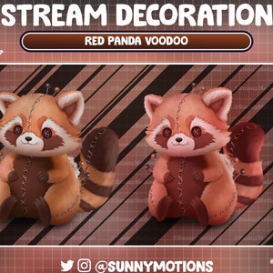 May include: Two red panda voodoo dolls with brown fur, stitched seams, and black button eyes. The dolls are sitting on a brown and black striped background. The text "STREAM DECORATION" and "RED PANDA VOODOO" is at the top of the image.