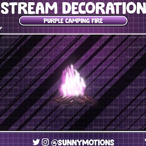 Geanimeerde stroomdecoratie: paarse open haard, lo-fi esthetische campingvuurtwitch-overlay, in brand gestoken motivatie, kaars, camperkampvuuravond