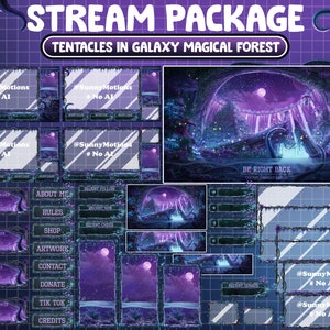 ANIMATED Stream Package: Tentacles Octopus In Purple Blue Galaxy Magical Forest Twitch Overlay, God&#39;s Eyes Sky, Fairy Waterfall Alert, Panel