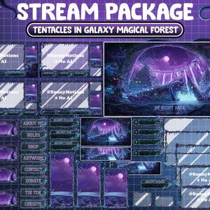 ANIMATED Stream Package: Tentacles Octopus In Purple Blue Galaxy Magical Forest Twitch Overlay, God's Eyes Sky, Fairy Waterfall Alert, Panel