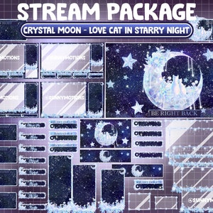 Animated Stream Package: Crystal Moon, Love Couple Cat In Starry Night Sky, Blue Galaxy, Diamond Celestial Star Twitch Overlay Alert Panel