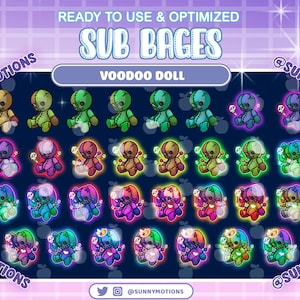 Puede incluir: Un conjunto de 30 insignias de suscripción de Twitch animadas que presentan una muñeca vudú en varios colores y poses. Las insignias están diseñadas con un efecto de brillo de neón y están listas para usar y optimizadas para Twitch.