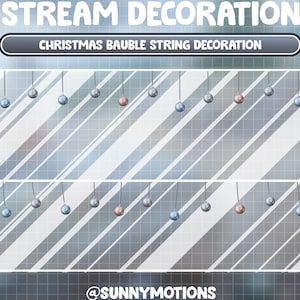 May include: Two rows of silver, blue, and rose gold Christmas baubles hanging from strings against a white and gray striped background. The text "Christmas Bauble String Decoration" is at the top of the image.