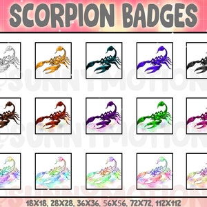 Distintivi sub bit fedeltà Twitch dello scorpione / Emoji animale Kawaii / Emote aracnide predatore magico al neon / Stemmi per abbonati fantastici Streamer scudo