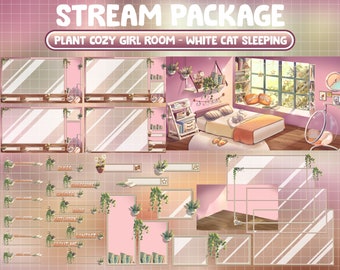 FULL ANIMATED Twitch Overlay Stream Package / Animated Love Cozy Bedroom With White Cat Sleeping / Read Book Room Plant Lover House Screen
