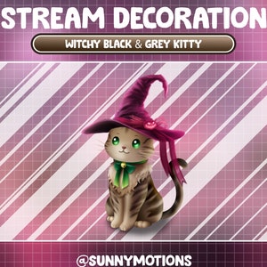 Animated Stream Decoration Animal Soft Plushy Toy / Aesthetic Witchy Grey White Calico Kitty / Halloween Meow Add-on Kawaii Twitch Overlay