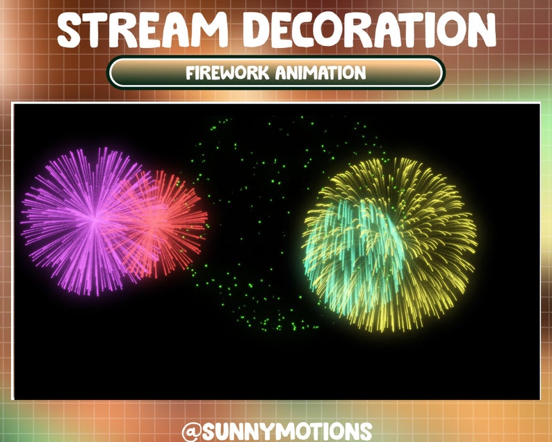May include: A digital animation of fireworks exploding in a variety of colors, including pink, red, green, and yellow. The animation is set against a black background. The text "FIREWORK ANIMATION" is displayed above the fireworks. The text "@SUNNYMOTIONS" is displayed below the fireworks.