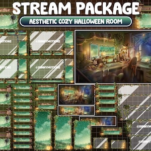Paquete ANIMADO de transmisión superpuesta de Twitch: Sala de plantas verdes con estética de baja fidelidad, Casa de Halloween con brujas espeluznantes, Calabaza de ambiente acogedor, Fantasma y Vela
