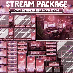 ANIMATED Twitch Overlay Stream Package: Lo-fi Vibe Aesthetic Plant Crimson Red Room, Cozy Halloween Moon Girl Princess Room Black Cat Alert