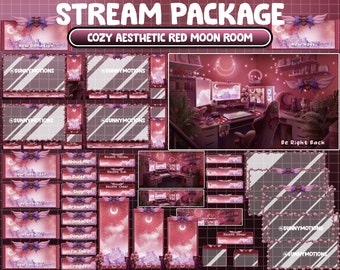 ANIMATED Twitch Overlay Stream Package: Lo-fi Vibe Aesthetic Plant Crimson Red Room, Cozy Halloween Moon Girl Princess Room Black Cat Alert