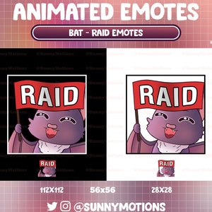 Può includere: Emoticon animata di un pipistrello viola che tiene un cartello rosso con la scritta "RAID". Il pipistrello ha un'espressione felice con la bocca aperta e la lingua di fuori. L'emoticon è disponibile in tre dimensioni: 112x112, 56x56 e 28x28.