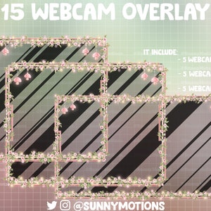 May include: Fifteen webcam overlays with a floral and fairy light design. The overlays are in three sizes: 16x9, 4x3, and 1x1. The overlays are pink and white with a black background.
