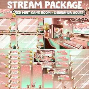 ANIMATED Twitch Overlay Stream Package / Lo-fi Aesthetic Red Mint PC Set Up Game Room / Retro Yellow Hydrangeas House / Chihuahua Dog Themed